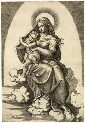 Virgin and Child Seated on Clouds — Marcantonio Raimondi