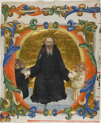 Saint Benedict Presenting his Rule to Benedictine and Cistercian Monks in a Historiated Initial "O" from a Choirbook — Martino di Bartolomeo
