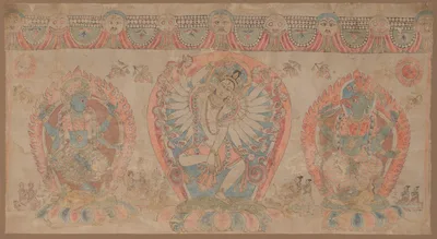 Tantric Temple Banner of a Dancing Goddess Flanked by Dakinis