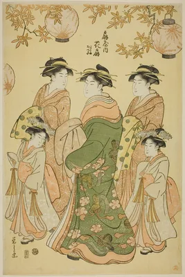 The Courtesan Hanaogi of the Ogiya, with Child Attendants Yoshino and Tatsuta — Hosoda Eishi
