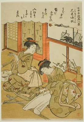 Returning Sails of the Bamboo Knives (Takenaga no kihan), from the series ”Eight Views of Maids' Utensils (Jochu tedogu hakkei)" — Santō Kyōden
