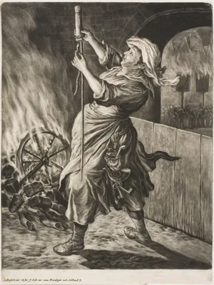 Woman Lighting a Rocket, also called Peace Gets Me Going, from Communia Gaudia (The Wide-Spread Rejoicing at the Siege of Namur) — Cornelis Dusart