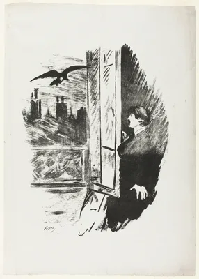 At the window ("Open here I flung the shutter..."), from The Raven (Le Corbeau) — Édouard Manet