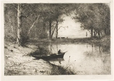 Fisherman in a Boat at the Riverside — Adolphe Appian
