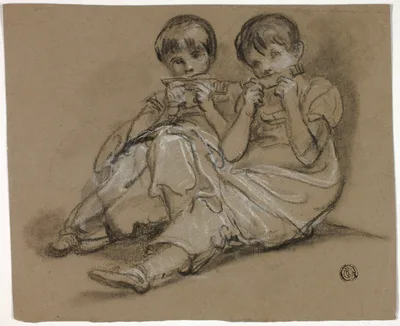 Two Girls Playing on Combs (recto); Sketch of Seated Woman with Fragment of Another Figure (verso) — Thomas Barker