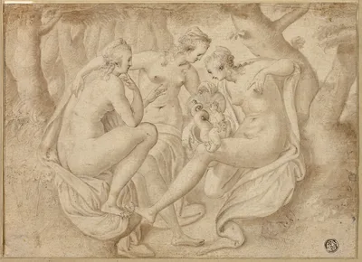 Cecrops' Daughters Uncover Erichthonius (recto); A Battle Scene (verso) — Anthonie Blocklandt van Montfoort