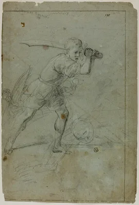 David Beheading Goliath (recto); Sketch of Draped Female Figure with Right Arm Raised Above Head (verso) — Domenico Fiasella