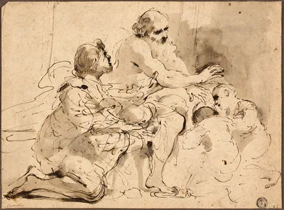 Study for Jacob Blessing the Sons of Joseph (recto); Sketches: Saint Christopher; Two Figures in Conversation over Money (verso) — Guercino