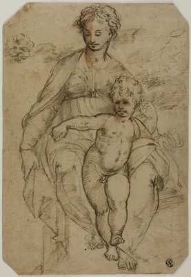 Virgin and Child (recto); Sketch of Three Saints and Caricature Sketch (verso) — Parmigianino