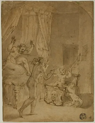 The Infant Hercules Strangling Serpents in His Cradle (recto); Crowned Woman Kneeling in Landscape, and Other Sketches (verso) — Prospero Fontana