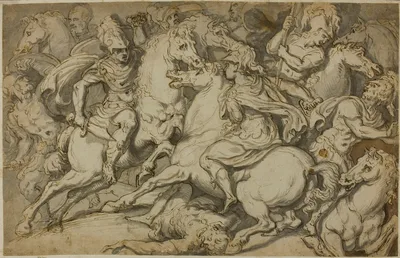 Cavalry Skirmish (recto); Kneeling Ecorché (verso) — Francesco Salviati