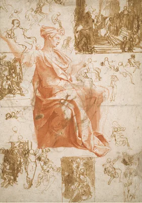 Sheet of Studies for the Blinding of Elymas, Sacrifice at Lystra, and a Holy Family — Taddeo Zuccari