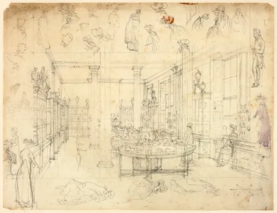 Study for Wedgwood and Byerly, York Street, St James' Square from London in Miniature (recto); Sketches of Women, Cabinet (verso) — Augustus Charles Pugin