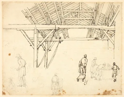 Rejected Study, possibly for an illustration of the Custom House, from Microcosm of London (recto); Sketches of Workers with Barrels (verso) — Augustus Charles Pugin