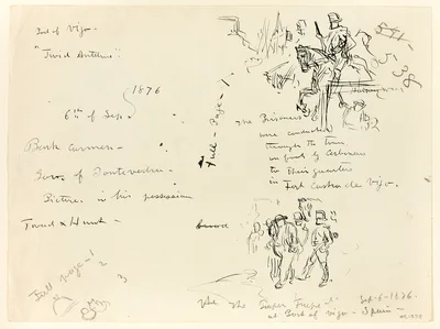 Sheet of Sketches: Soldier on Horseback and Soldier with Sabre Conduting Prisoner (recto); Sheet of Sketches (verso) — Thomas Nast