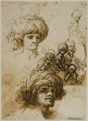 Sketches of Turbanned Men (recto); Fragment of a Figure and Sketches of Foliated Architectural Ornament (verso) — Salvator Rosa