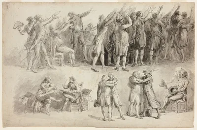 Studies after the Oath of the Tennis Court (recto); Studies after the Oath of the Tennis Court: Group with Maupetit de la Mayenne Carried by His Two Sons (verso) — Jean-Pierre Norblin de La Gourdaine