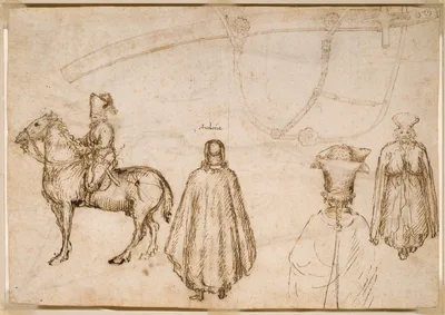 Sketches of the Emperor John VIII Palaeologus, a Monk, and a Scabbard — Pisanello