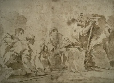 Adoration of the Shepherds (recto); Three Sketches: Buildings by Canal with Boats, Landscape with Buldings on Hillside, Buildings with Portico (verso) — Francesco Guardi