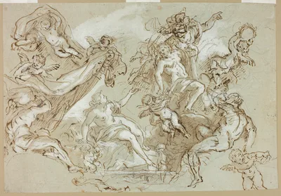 Apotheosis of Hercules (recto); Sketches of Horse's Head, Horse's Forequarters, and Altarpiece or Ciborium (verso) — Anton Domenico Gabbiani