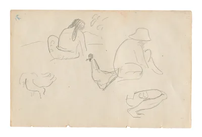 Sketches of Seated Figures and Chickens (recto), Nude Female Torso (related to the painting Te a no areois [The Seed of the Areoi]) (verso), from the Carnet de Tahiti (Tahitian sketchbook) — Paul Gauguin
