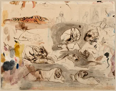 Sketches of Tigers and Men in 16th Century Costume — Eugène Delacroix