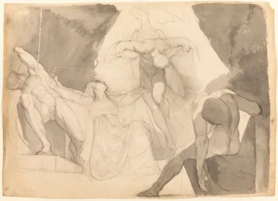 Aided by Eeriboia, Hermes Carries Off the Exhausted Ares from the Sleeping Sons of Aloeus (recto); Sketch of One of the Sleeping Sons of Aloeus (verso) — Henry Fuseli