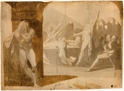 The Duke of Gloucester Lying in Wait for Lady Anne at the Funeral Procession of Her Father-in-law, King Henry VI (recto); Standing Male Nude, Leaning Forward (verso) — Henry Fuseli