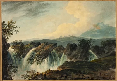 Camel Caravan Crossing Plane Above Waterfall — Dominic Serres