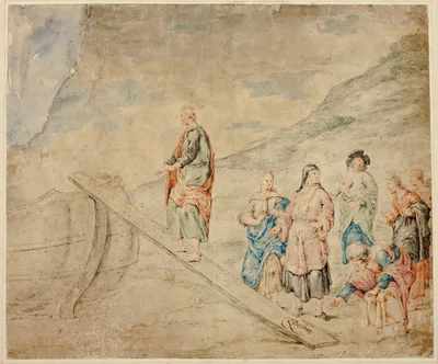 Man Mounting Plank to Boat — Leonaert Bramer