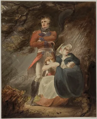 Officer Seeking Shelter with his Wife and Children from a Storm (recto); Sketch of Castle on Hill (verso) — Richard Westall