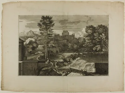 Waterfall at a Stone Bridge, with Castle in the Distance — Sébastien Bourdon