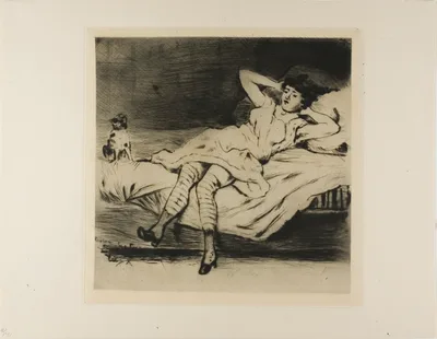 Plate from l'Assommoir (dancer reclining on bed, with cat) — Gaston La Touche