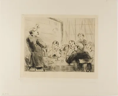 Plate from l'Assommoir (man proposing a toast at table with five other people) — Gaston La Touche