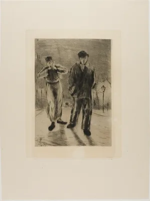Plate from l'Assommoir (two boys on gaslit street) — Gaston La Touche