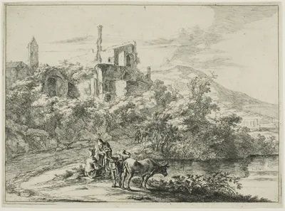 Landscape with Ruins and Two Cows at the Waterside, from a series of four horizontal Roman Landscapes — Jan Both
