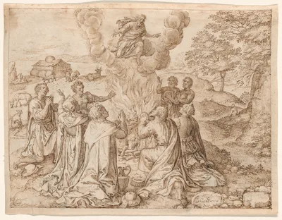 Noah's Sacrifice, plate IX from The Creation and Early History of Man — Johannes Wierix