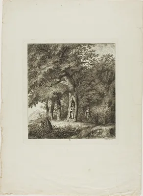 Nymph Hiding in a Tree, plate eight from Paysages Dédiés à M. Warelet — Salomon Gessner
