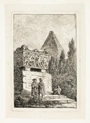 Landscape with Pyramid and Sarcophagus, plate six from Les Soirées de Rome — Hubert Robert