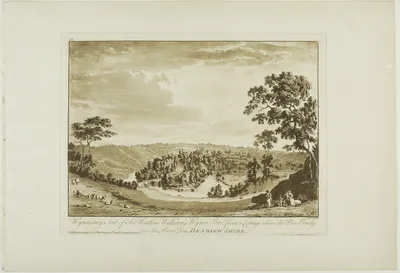 Wynnstay, Seat of Sir Watkin Williams Wynn Bart, from a Cottage above the New Bridge over the River Dee, Denbigh Shire, plate two from Twelve Views in North Wales — Paul Sandby