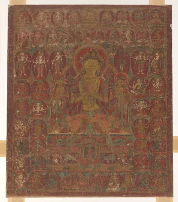 Painted Banner (Thangka) of Bodhisattva Manjushri with Vajrapani (right) and Padmapani (left)