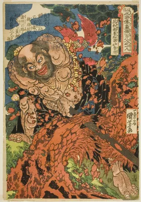 Lu Zhishen, Originally Named Lu Da (Kaosho Rochishin shomei Rotatsu), from the series "One Hundred and Eight Heroes of the Popular Water Margin (Tsuzoku Suikoden goketsu hyakuhachinin no hitori)" — Kuniyoshi Utagawa