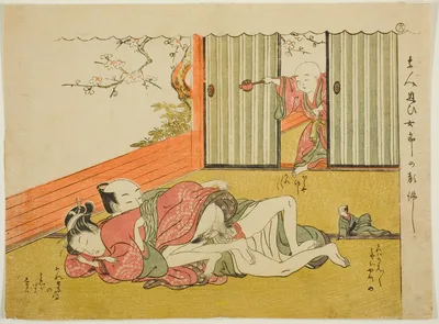 Lovers Interrupted, sheet 18 from the series "Poems of the Husband and Wife Mane'emon (Haikai meoto Mane'emon)" — Isoda Koryūsai