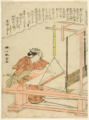 Weaving silk, plate 11 from the series "Silkworm Cultivation (Kaiko yashinai gusa)" — Katsukawa Shunshō