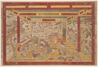 Enjoying the Evening Cool near Ryogoku Bridge (Ryogoku bashi yusuzumi uki-e) — Okumura Masanobu
