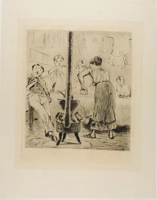 Plate from l'Assommoir (women ironing, man seated before a woodstove) — Gaston La Touche