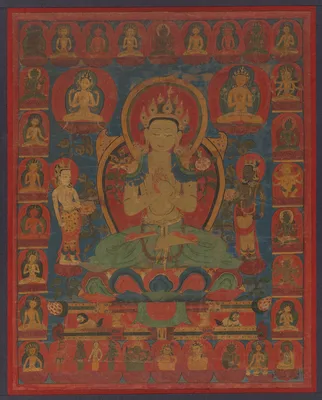 Painted Banner (Thangka) of Bodhisattva Maitreya Surrounded by his Retinue