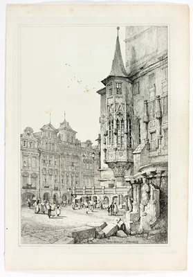 Hotel de Ville, Prague, from Facsimiles of Sketches made in Flanders and Germany — Samuel Prout