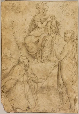 Seated Virgin and Child with Bishop Saint and Monastic Saint, and Saint John the Baptist — Bernardino Campi