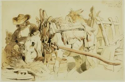 A Farmer Feeding his Pony in Geneva (recto); Seated Friar (verso) — Edwin Landseer